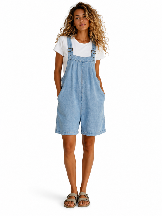 Isabel - Combinaison Short en Jean au Toucher Coton Doux et au Délavage Vintage, Bleu Clair