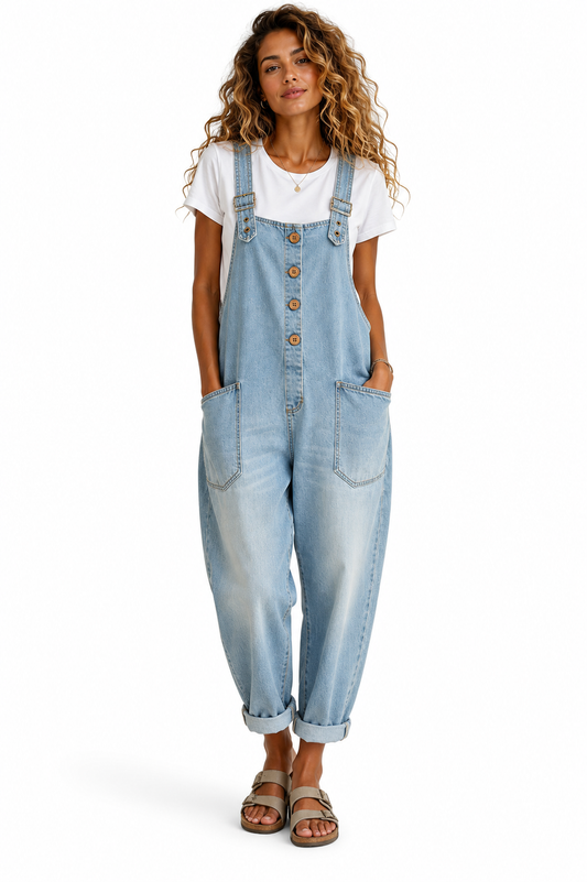 Carmen - Combinaison Vintage en Denim de Coton Doux avec Bretelles Réglables