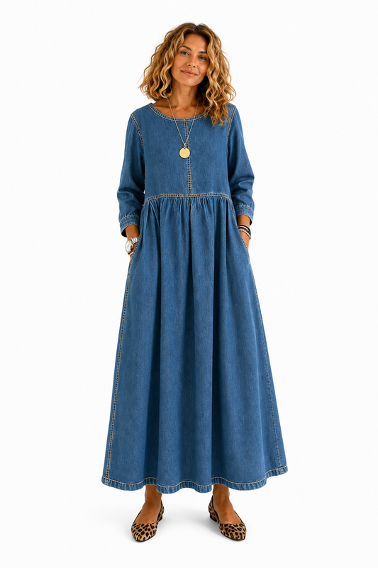 Melissa | Robe en Denim à Manches Longues et Col Rond
