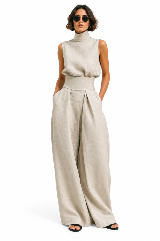 Flor| Ensemble Minimaliste Composé d'un Chemisier Sans Manches et d'un Pantalon Large en Coton et lin Pour Femme