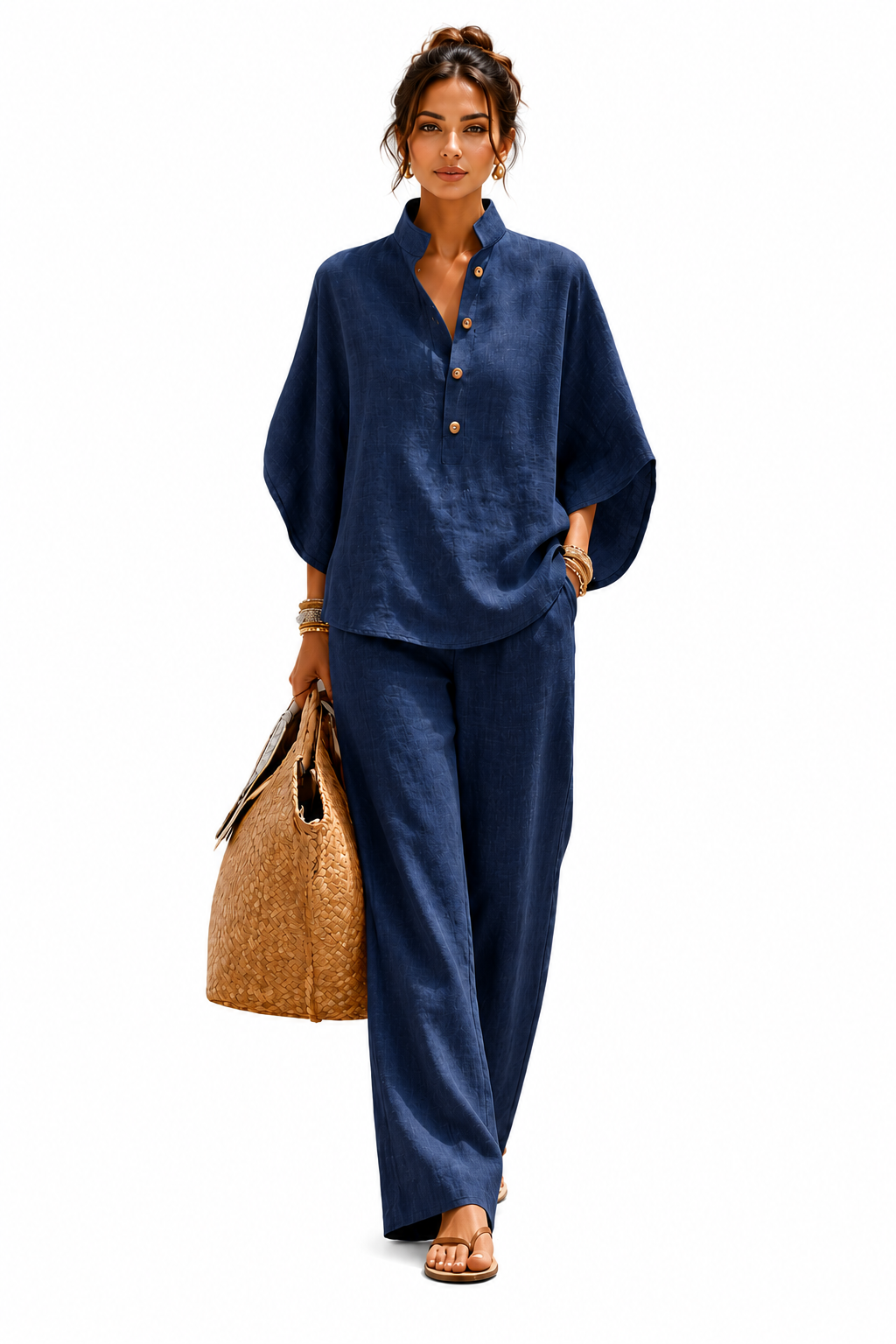 Mariel | Ensemble Pantalon Large en Coton et Lin à Manches Chauve-Souris