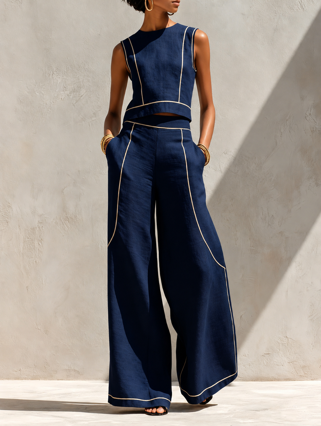 Set aus Bluse und weiter Hose im minimalistischen Mix-Stil mit Kontrastnähten für Damen
