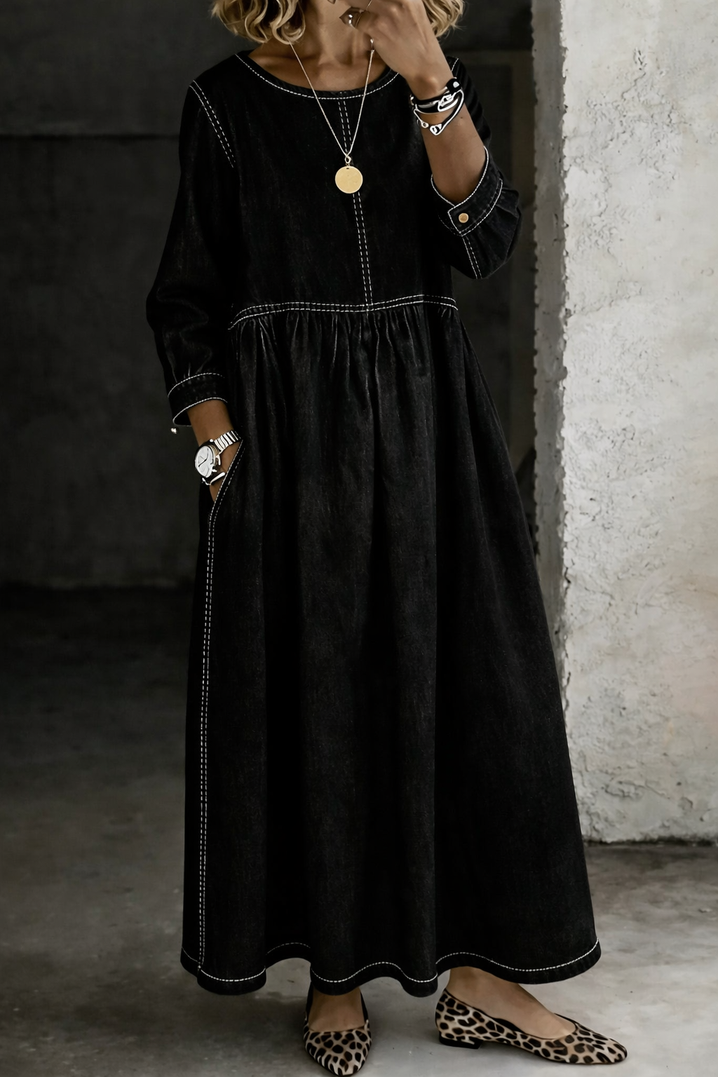 Melissa | Robe en Denim à Manches Longues et Col Rond