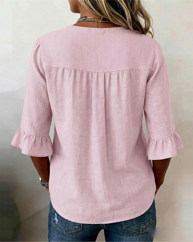 Chemisiers Sophia en coton et lin unis, avec boutons en bois et volants