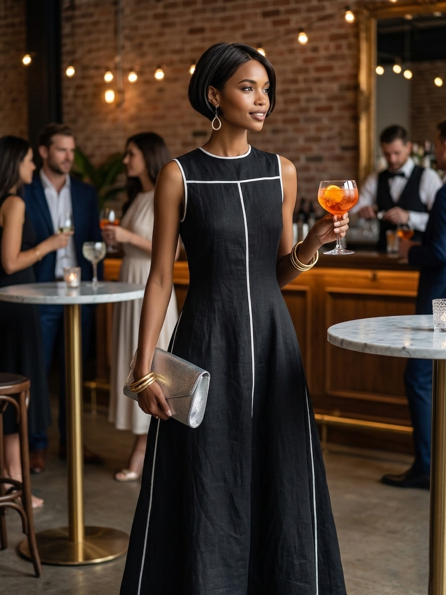 Robe Maxi Sans Manches en Lin Mélangé Minimaliste avec Liseré Contrastant et Col Rond Femme MDZ1516E0Y