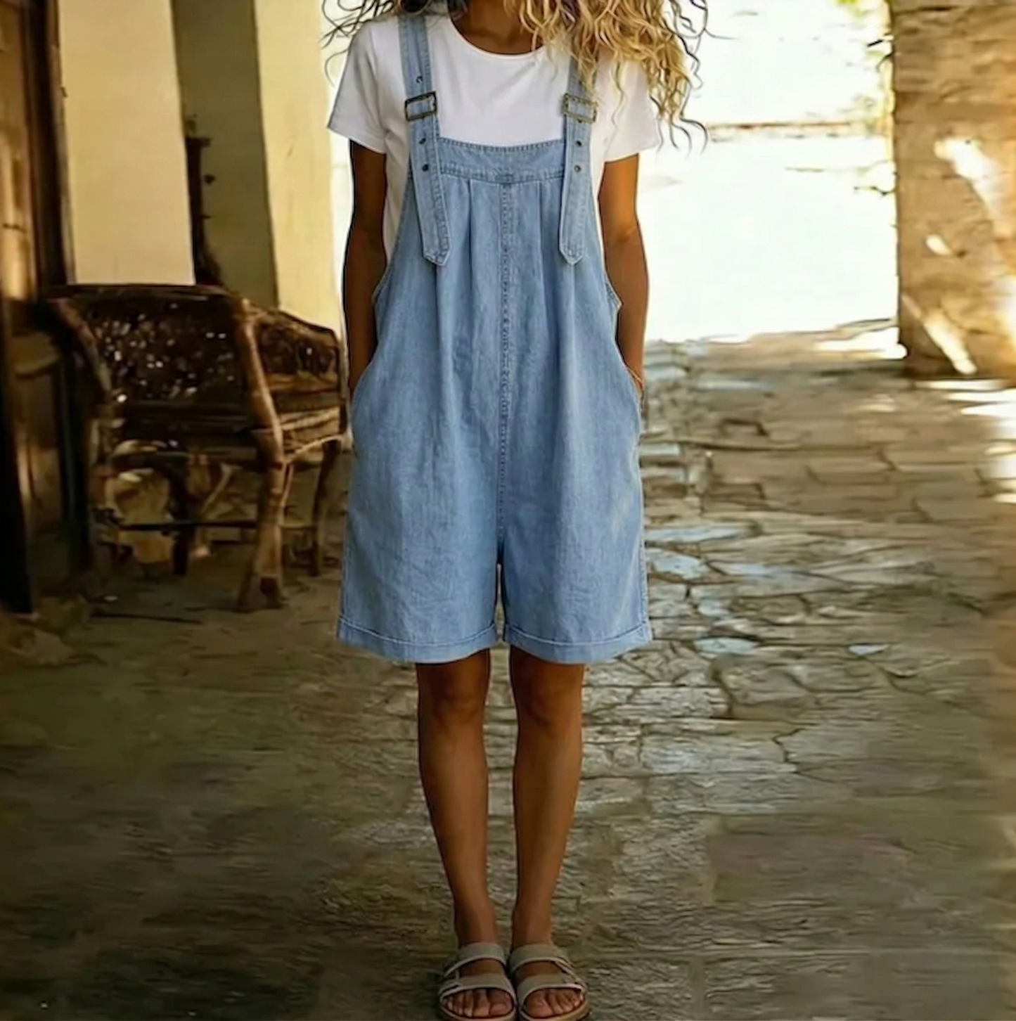 Isabel - Combinaison Short en Jean au Toucher Coton Doux et au Délavage Vintage, Bleu Clair