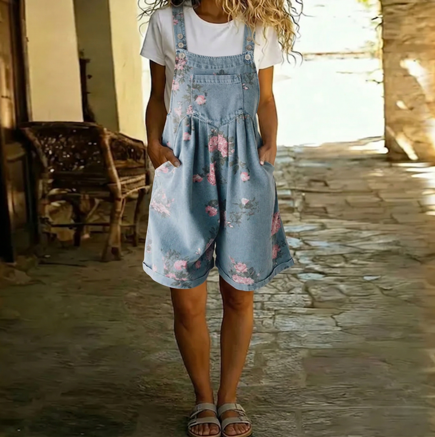 Adriana - Combinaison en Jean Fleuri, Douce au Toucher Coton et au Délavage Vintage