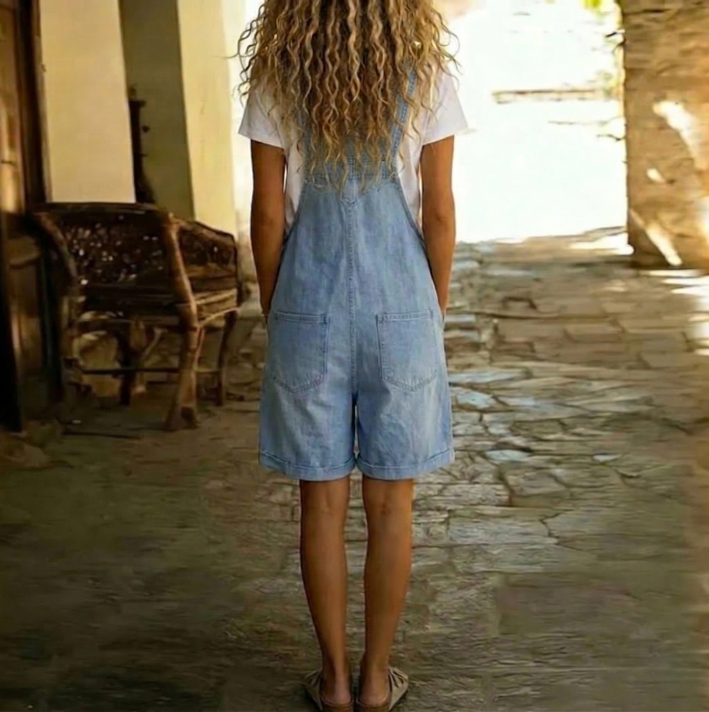 Isabel - Combinaison Short en Jean au Toucher Coton Doux et au Délavage Vintage, Bleu Clair