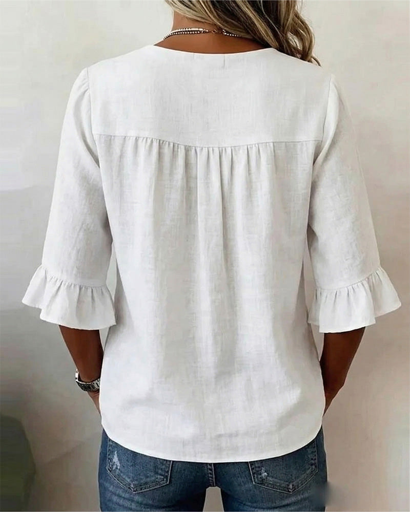 Chemisiers Sophia en coton et lin unis, avec boutons en bois et volants