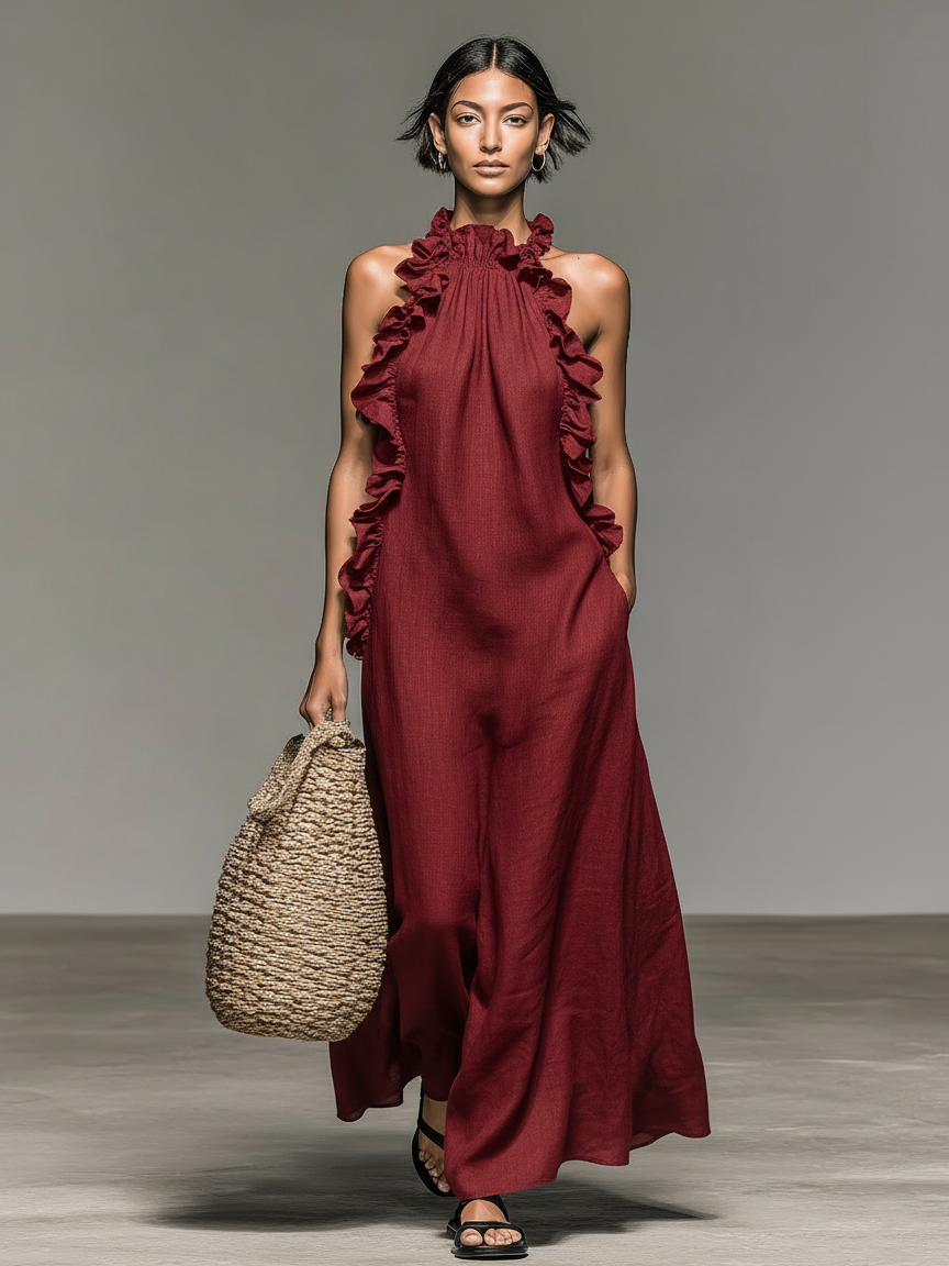 Robe Maxi Sans Manches en Lin Mélangé Minimaliste avec Détails Volantés Femme MDZ1622A0Y