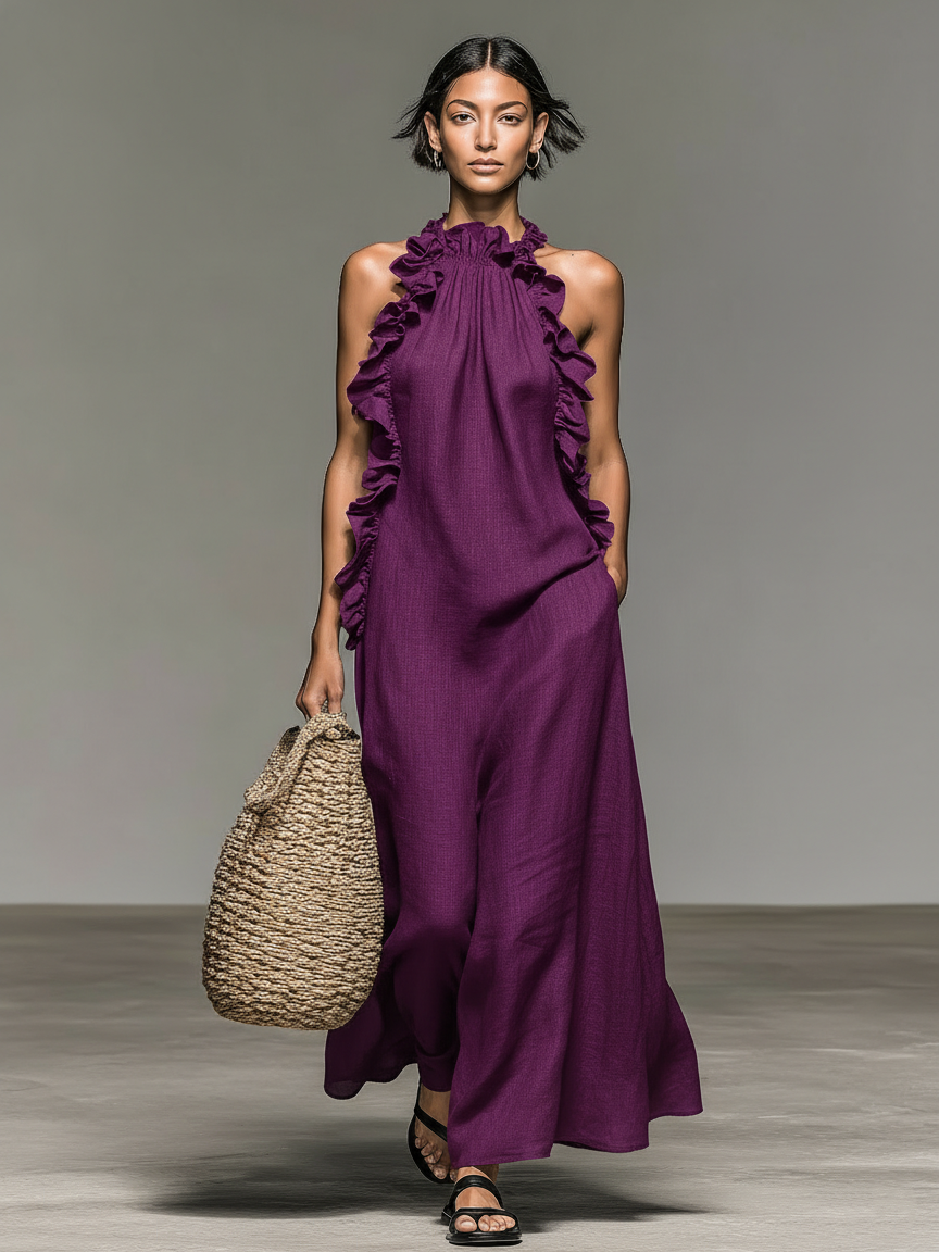 Robe Maxi Sans Manches en Lin Mélangé Minimaliste avec Détails Volantés Femme MDZ1622A0Y
