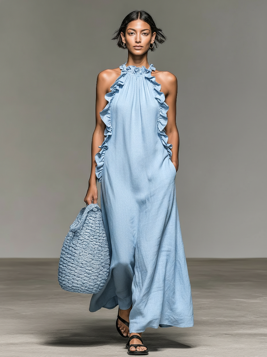Robe Maxi Sans Manches en Lin Mélangé Minimaliste avec Détails Volantés Femme MDZ1622A0Y