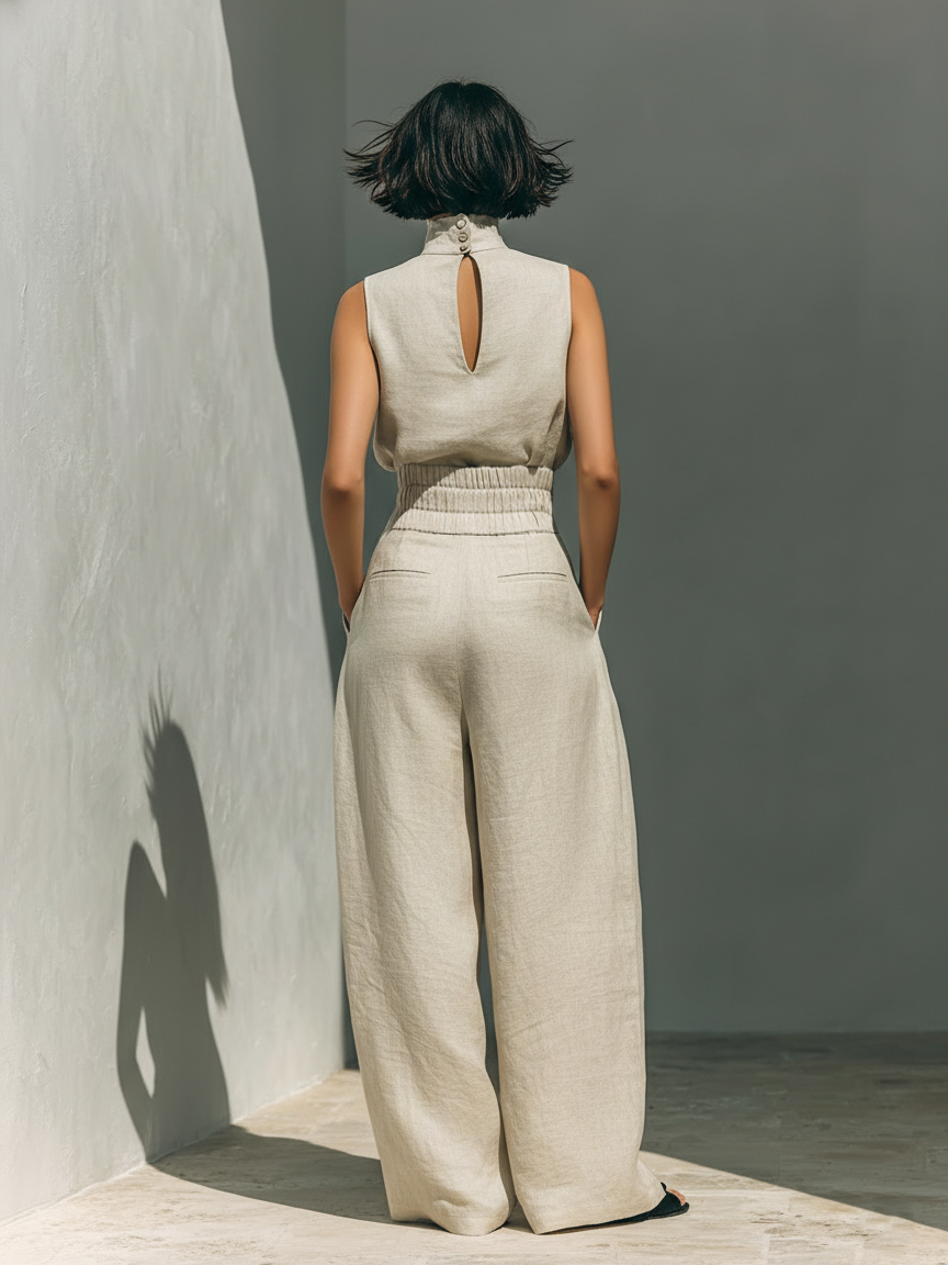 Maria™ | Ensemble complet avec top à bretelles et pantalon large en coton et lin