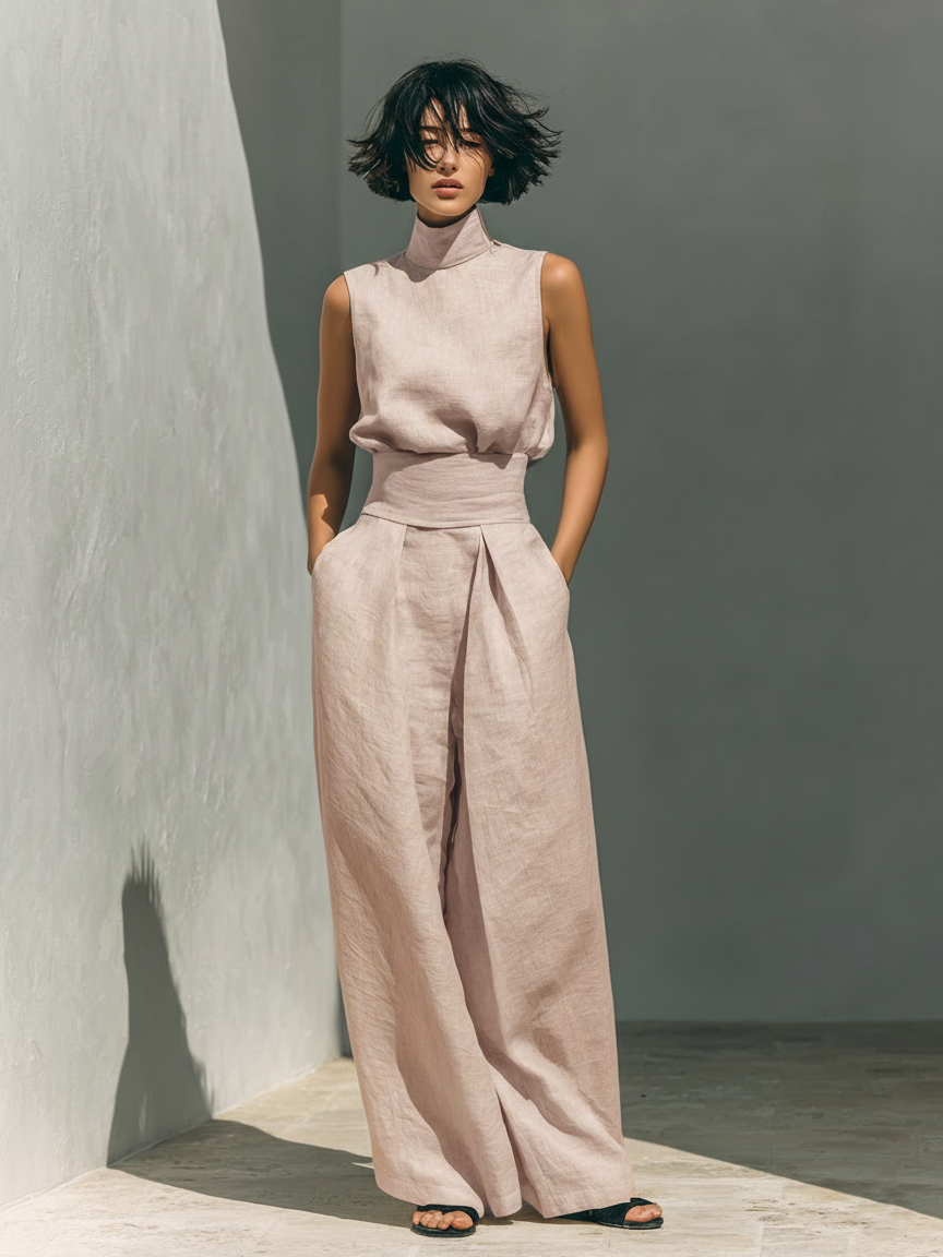 Maria™ | Ensemble complet avec top à bretelles et pantalon large en coton et lin