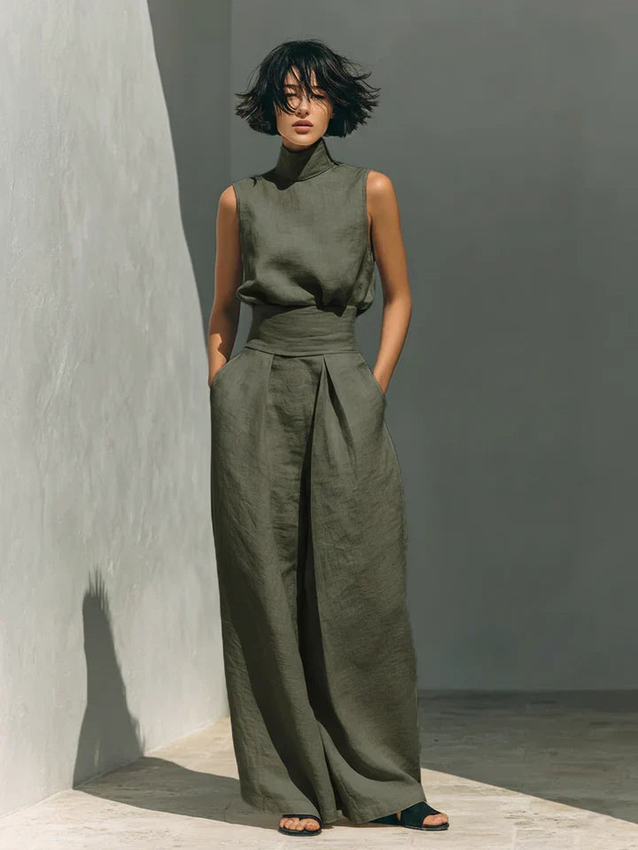 Flor| Ensemble Minimaliste Composé d'un Chemisier Sans Manches et d'un Pantalon Large en Coton et lin Pour Femme