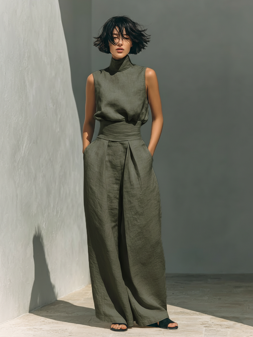 Maria™ | Ensemble complet avec top à bretelles et pantalon large en coton et lin
