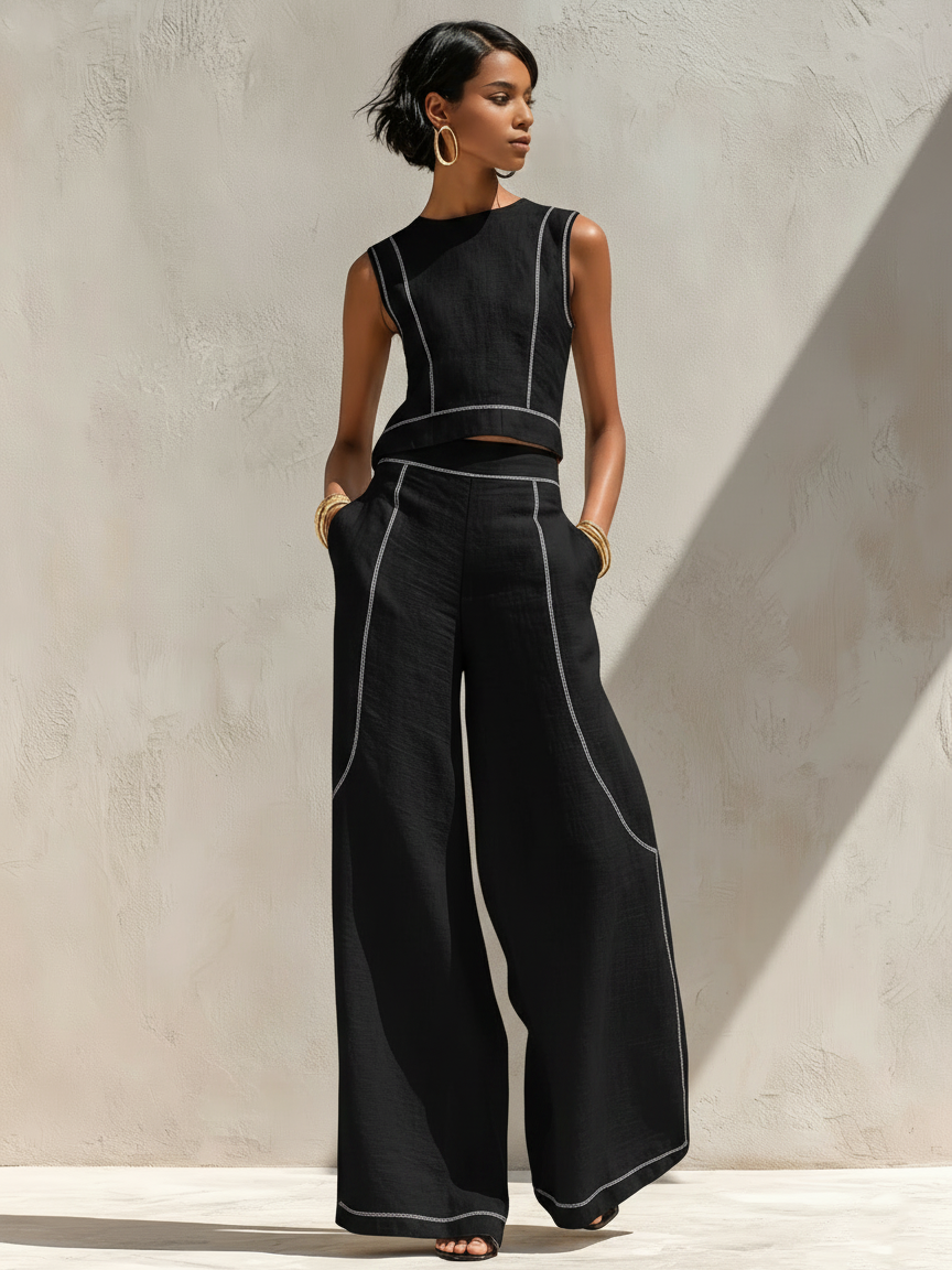 Ensemble Blouse et Pantalon Large en Lin Mélangé Minimaliste avec Coutures Contrastantes Femme MDZ1599E9Y