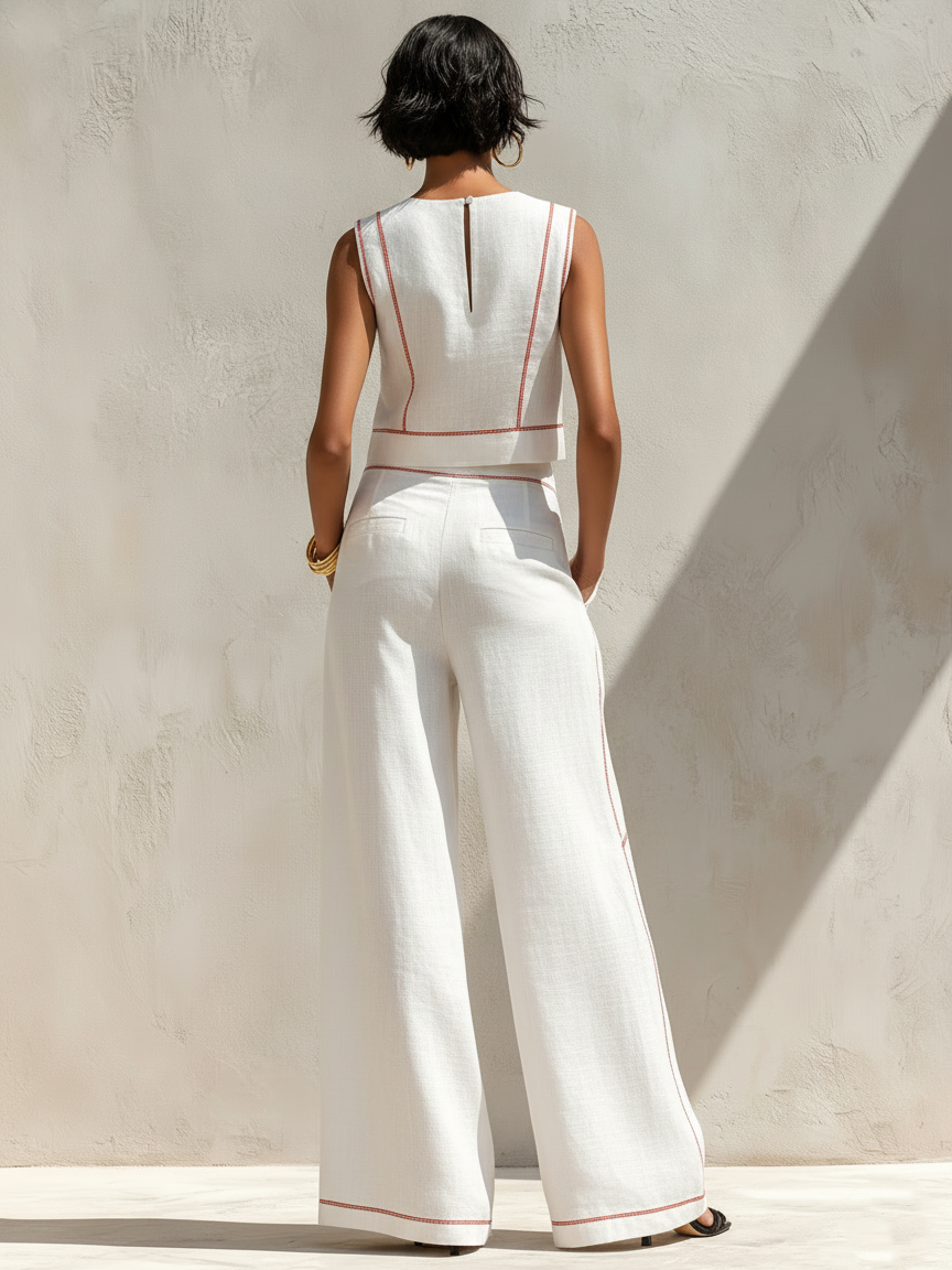 Ensemble Blouse et Pantalon Large en Lin Mélangé Minimaliste avec Coutures Contrastantes Femme MDZ1599E9Y