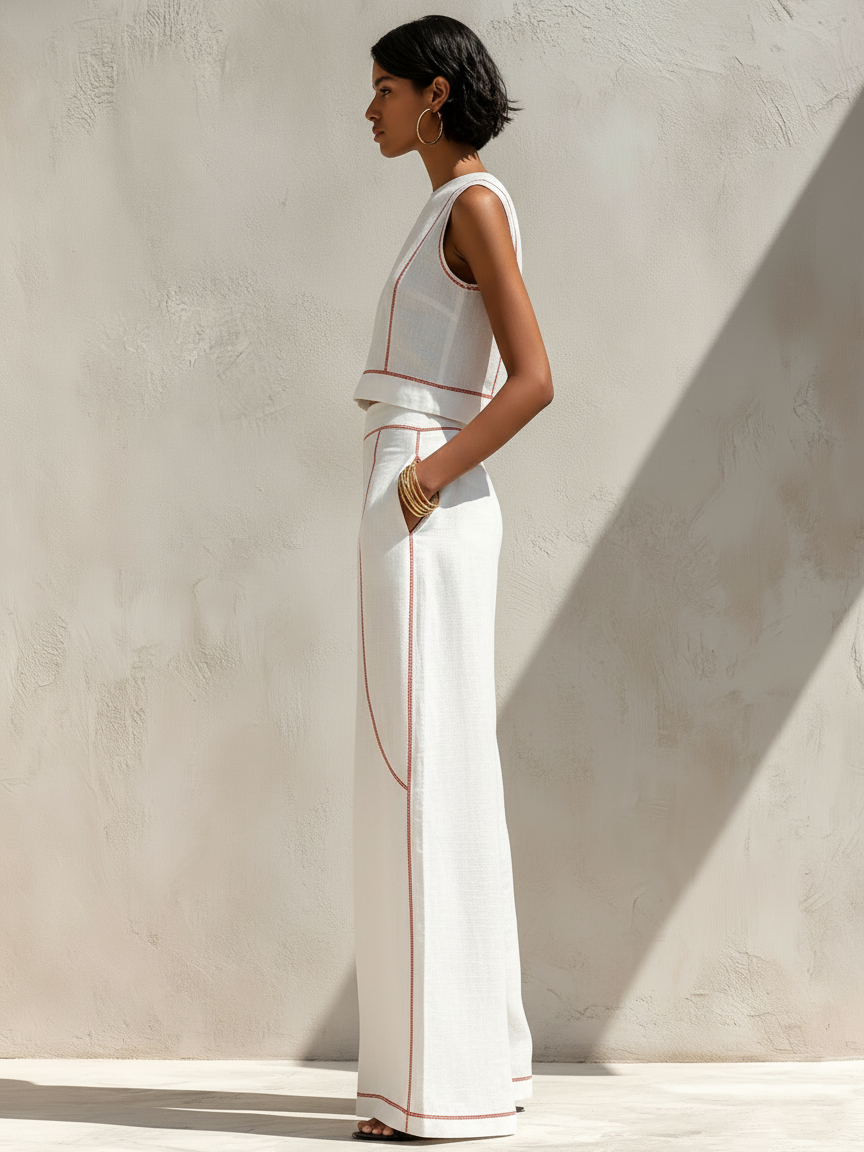 Ensemble Blouse et Pantalon Large en Lin Mélangé Minimaliste avec Coutures Contrastantes Femme MDZ1599E9Y