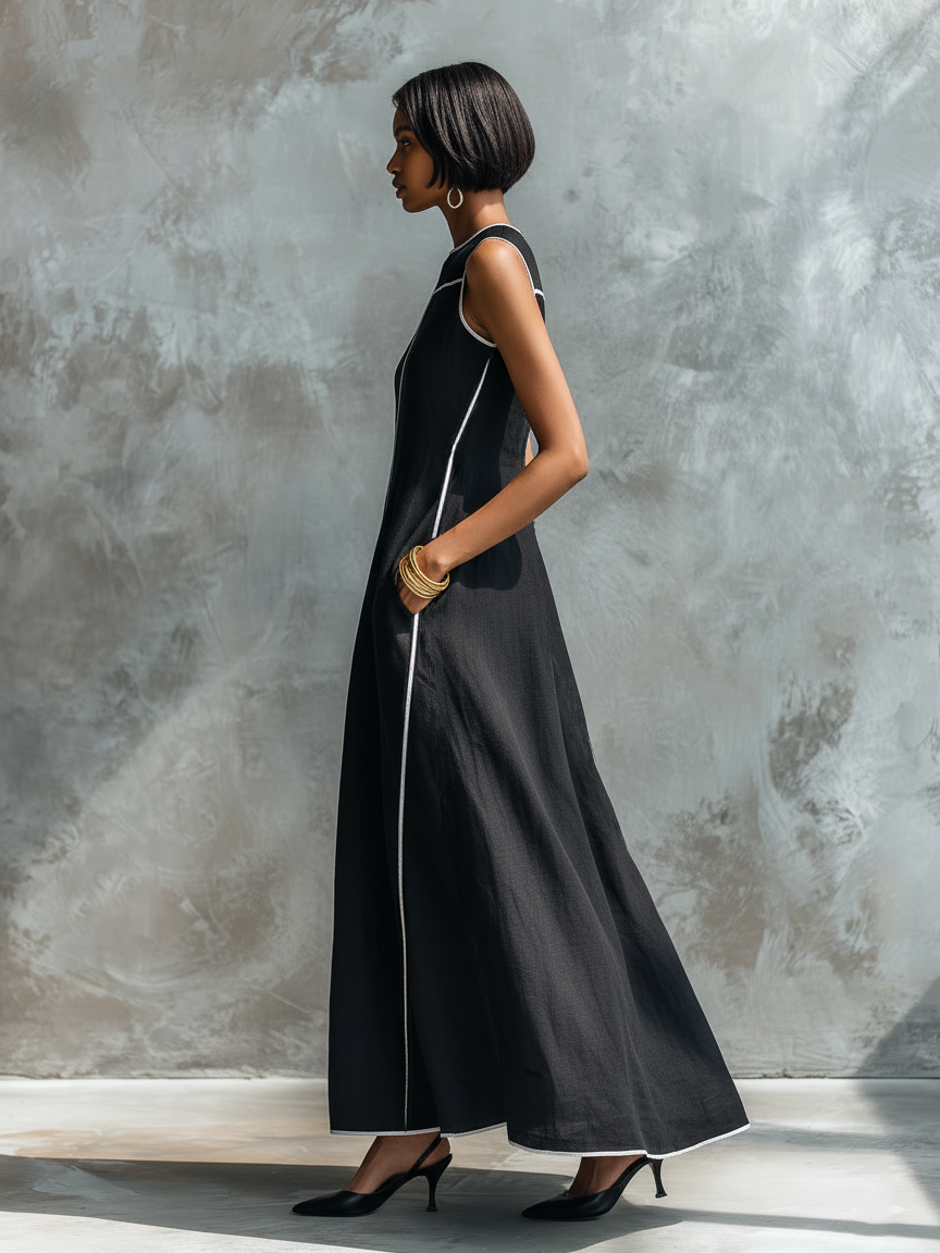 Robe Maxi Sans Manches en Lin Mélangé Minimaliste avec Liseré Contrastant et Col Rond Femme MDZ1516E0Y