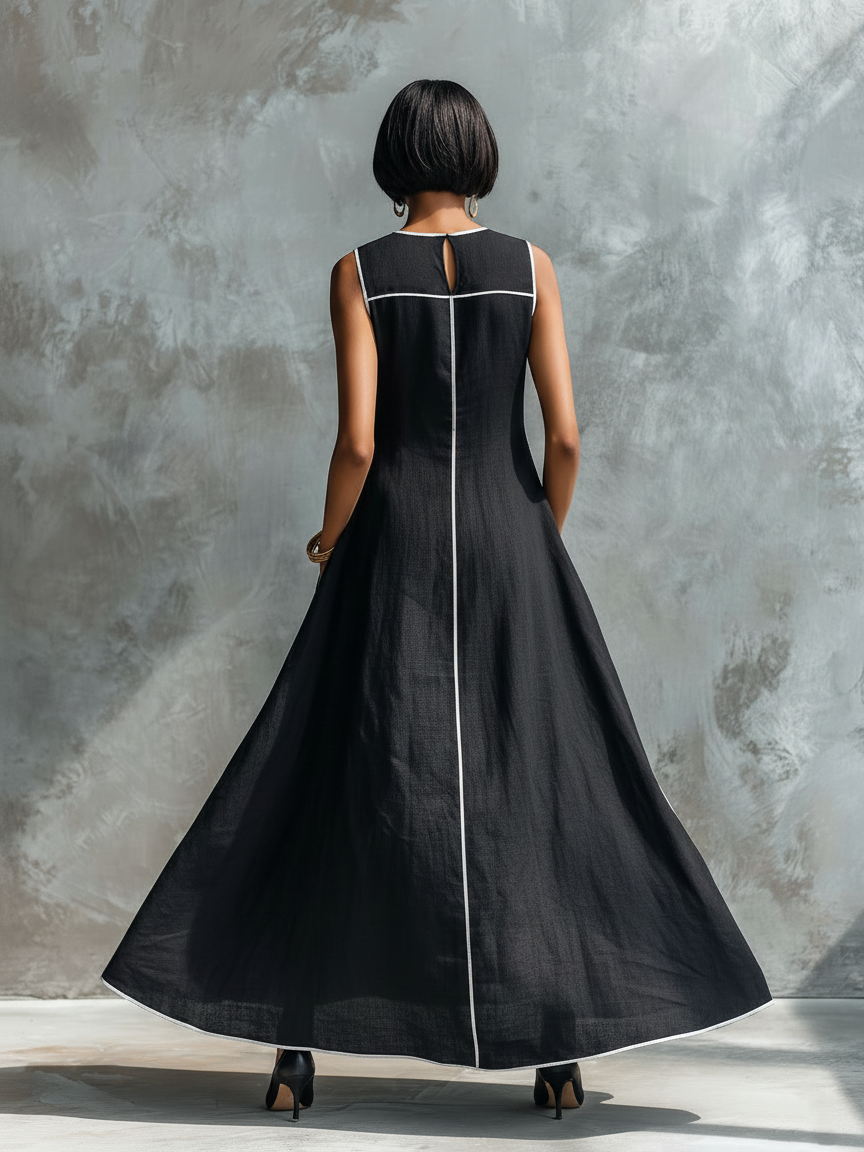 Robe Maxi Sans Manches en Lin Mélangé Minimaliste avec Liseré Contrastant et Col Rond Femme MDZ1516E0Y