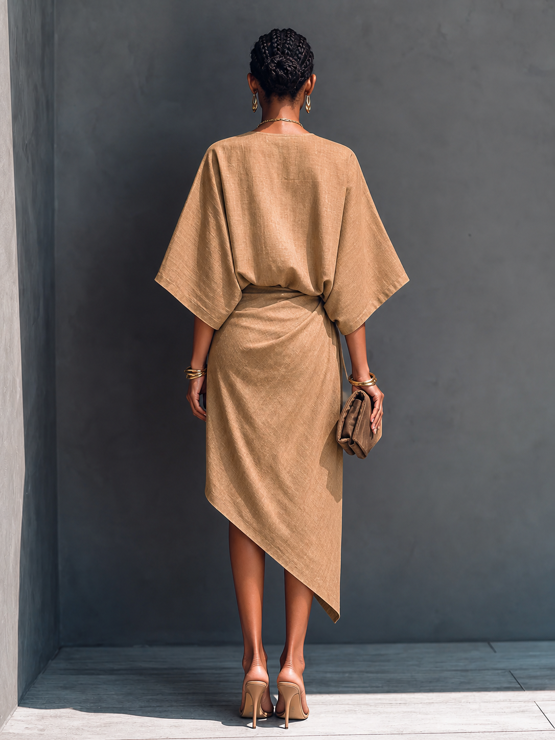Robe Midi Femme Minimaliste Moderne Kaki Drapée Asymétrique à Manches Courtes