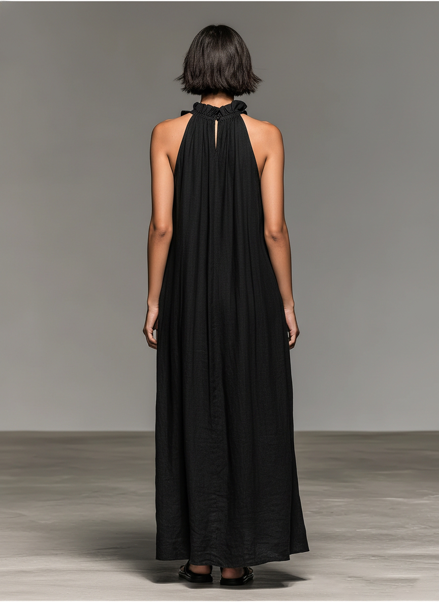 Robe Maxi Sans Manches en Lin Mélangé Minimaliste avec Détails Volantés Femme MDZ1622A0Y