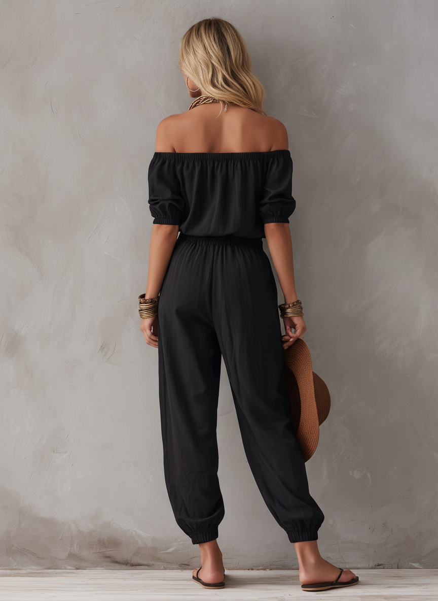 Combinaison Femme Casual Noire Tissée Sans Bretelles Épaules Dénudées