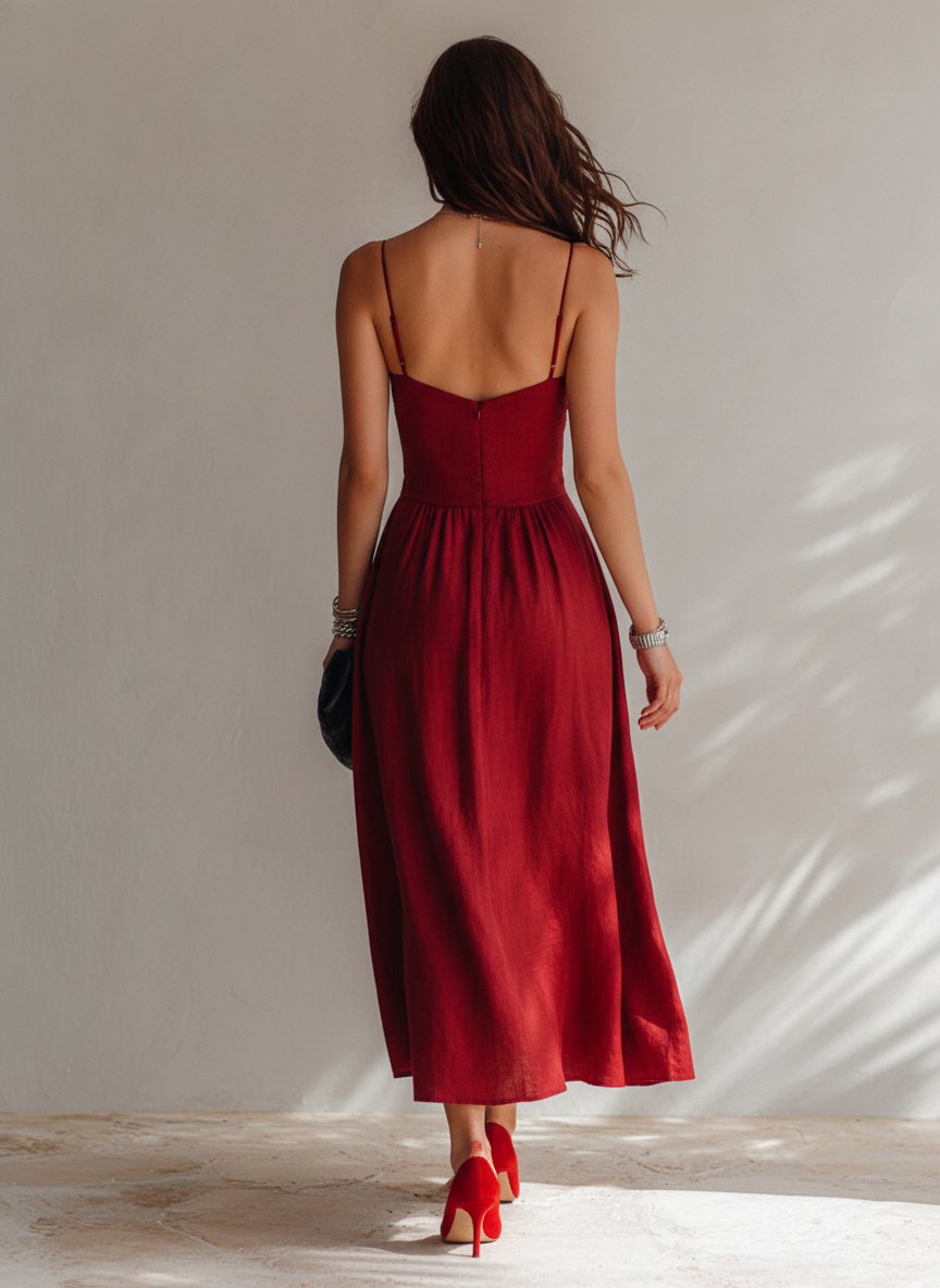 Robe Midi Femme Mélangé Minimaliste Froncée à Bretelles Spaghetti