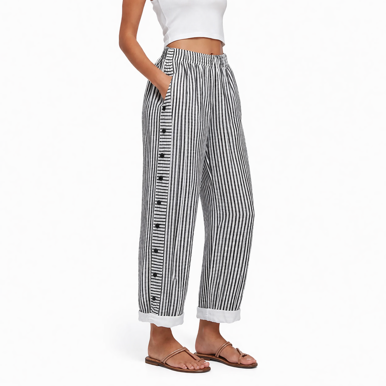 Pantalon Bleu à Rayures Confortable avec Poches Latérales