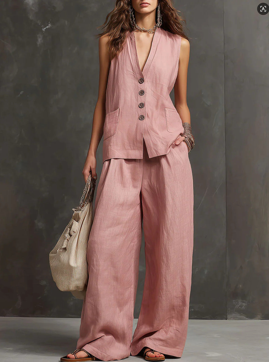Ensemble Deux Pièces avec Gilet Sans Manches et Pantalon Large