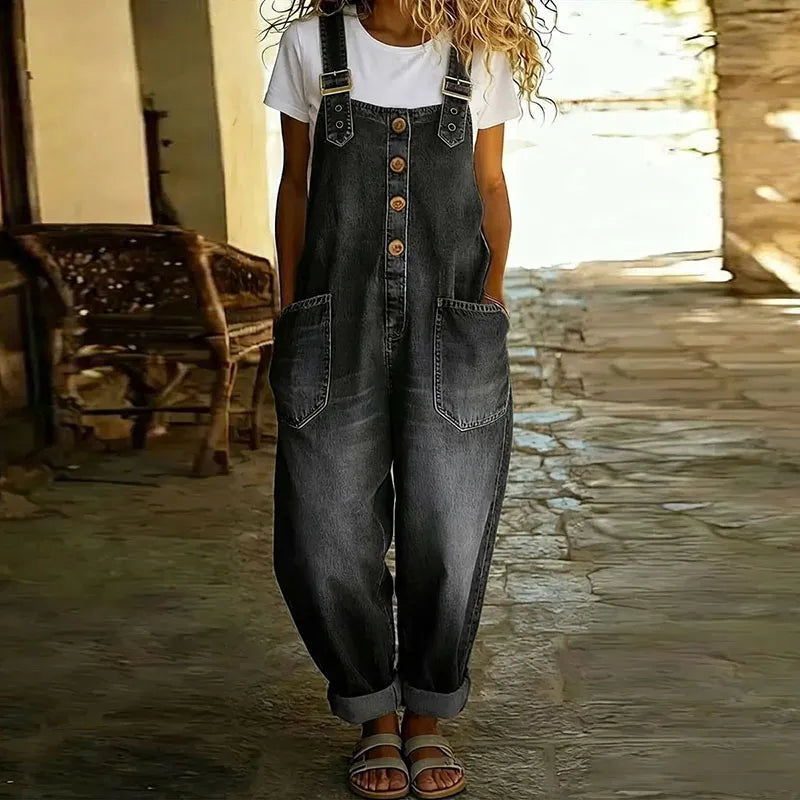 Carmen - Combinaison Vintage en Denim de Coton Doux avec Bretelles Réglables