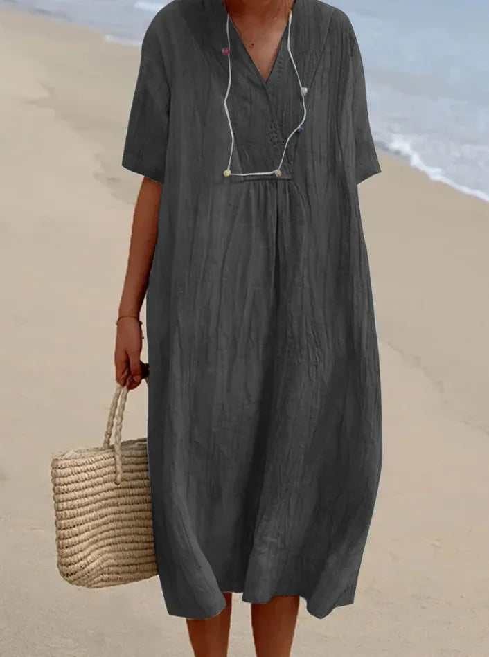 Sandra | Robe Décontractée en Lin à Col en V