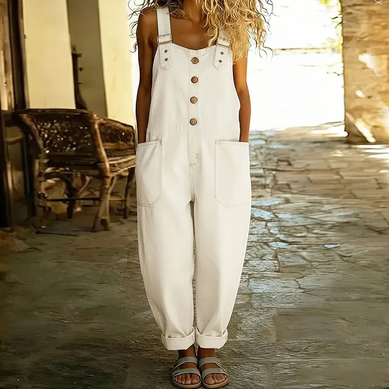 Carmen - Combinaison Vintage en Denim de Coton Doux avec Bretelles Réglables