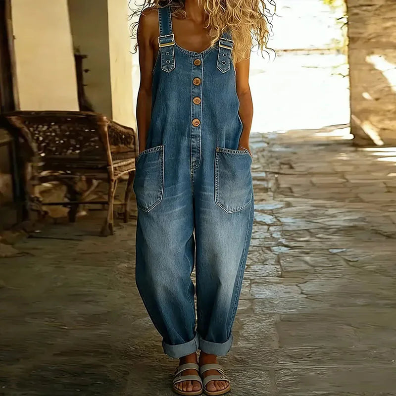 Carmen - Combinaison Vintage en Denim de Coton Doux avec Bretelles Réglables