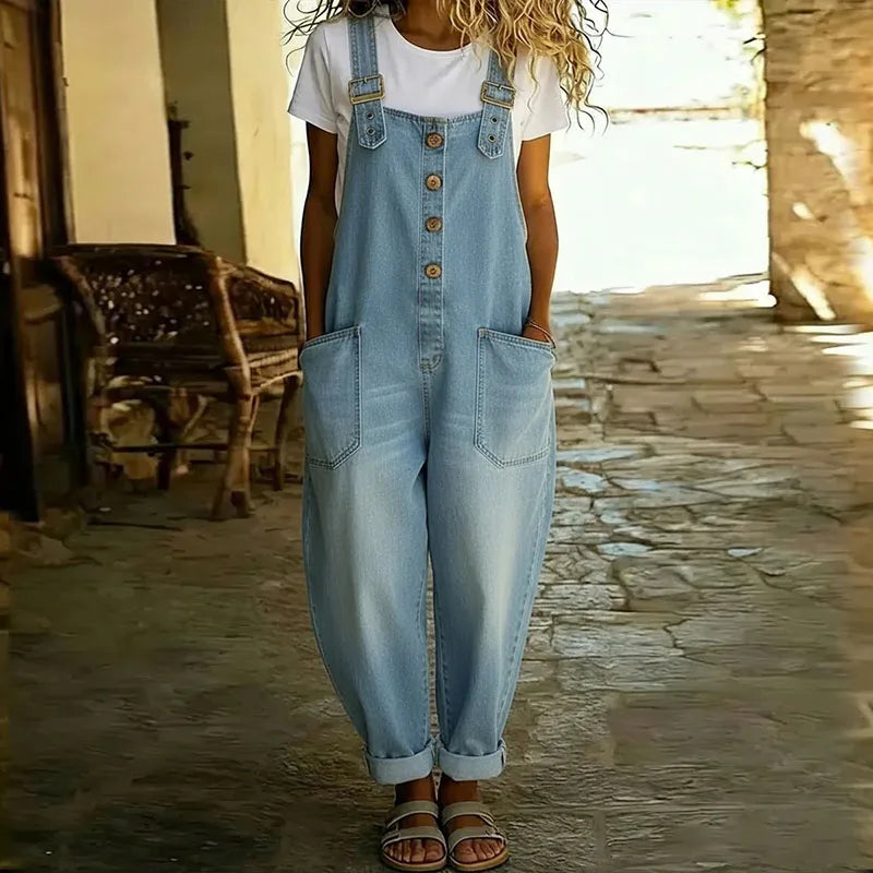 Carmen - Combinaison Vintage en Denim de Coton Doux avec Bretelles Réglables