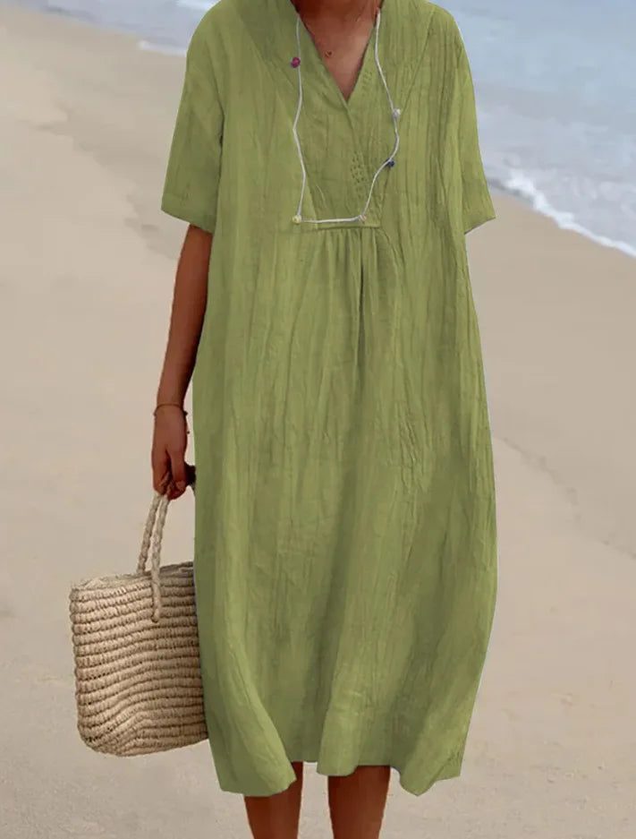 Sandra | Robe Décontractée en Lin à Col en V
