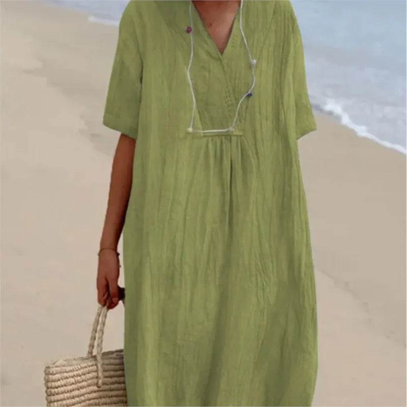Sandra | Robe Décontractée en Lin à Col en V