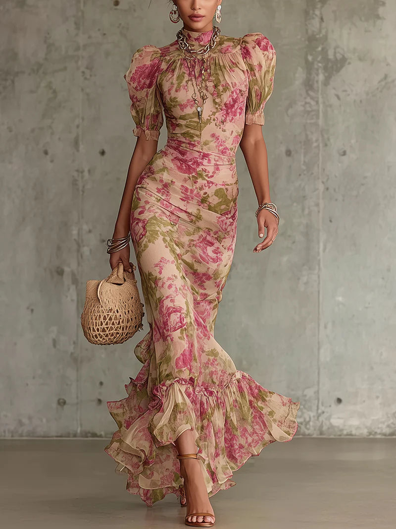 Robe Maxi Vintage à Imprimé Roses et Manches Bouffantes (Accessoires non inclus)