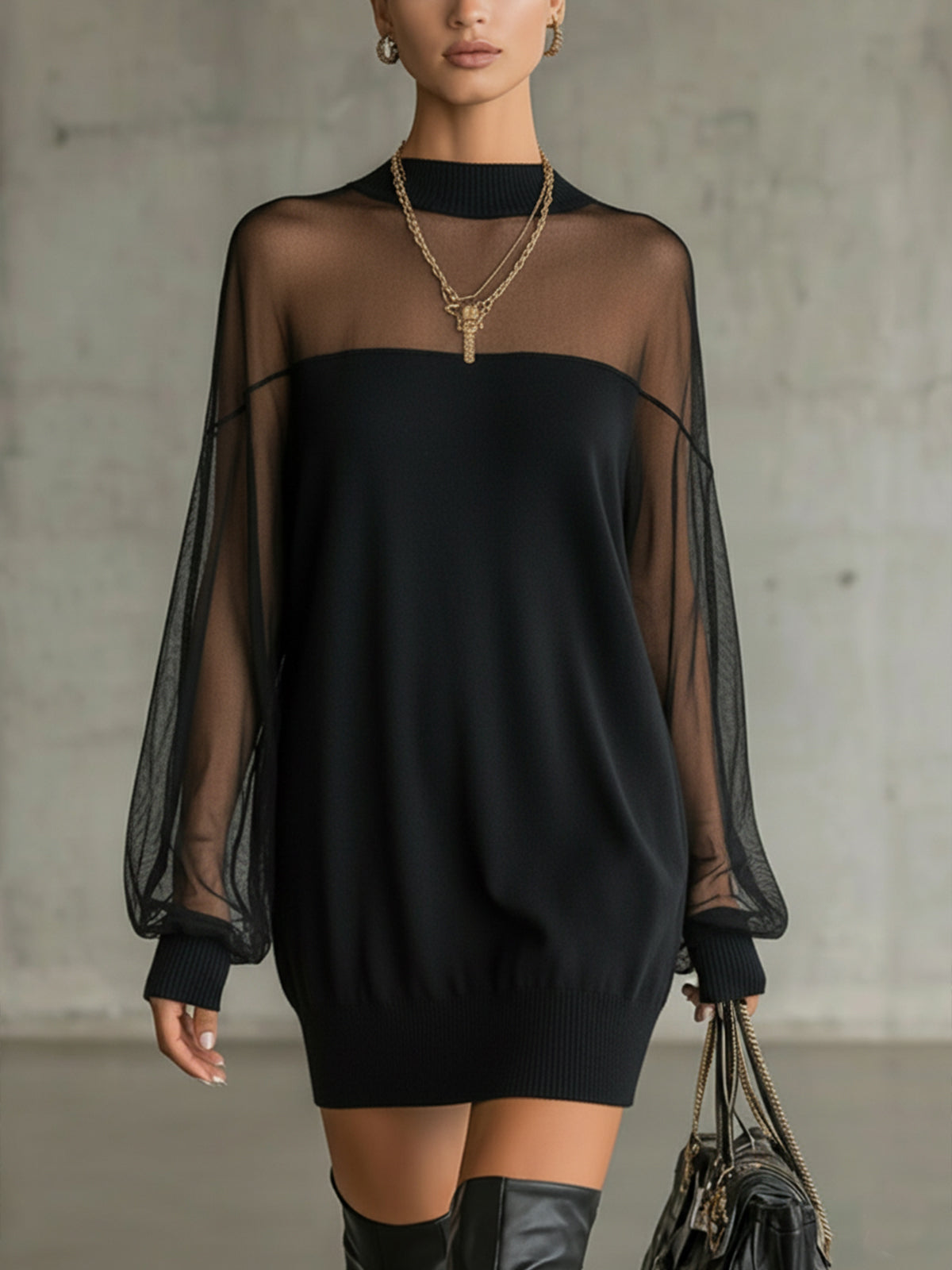 Amélie™ | Mini-Robe Noire Élégante avec Manches en Dentelle