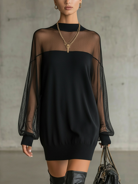 Amélie™ | Mini-Robe Noire Élégante avec Manches en Dentelle