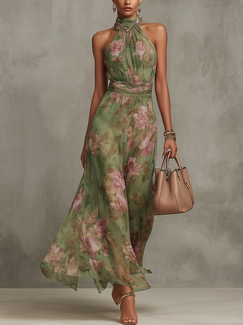 Florine | Robe Longue à Imprimé Floral Vert