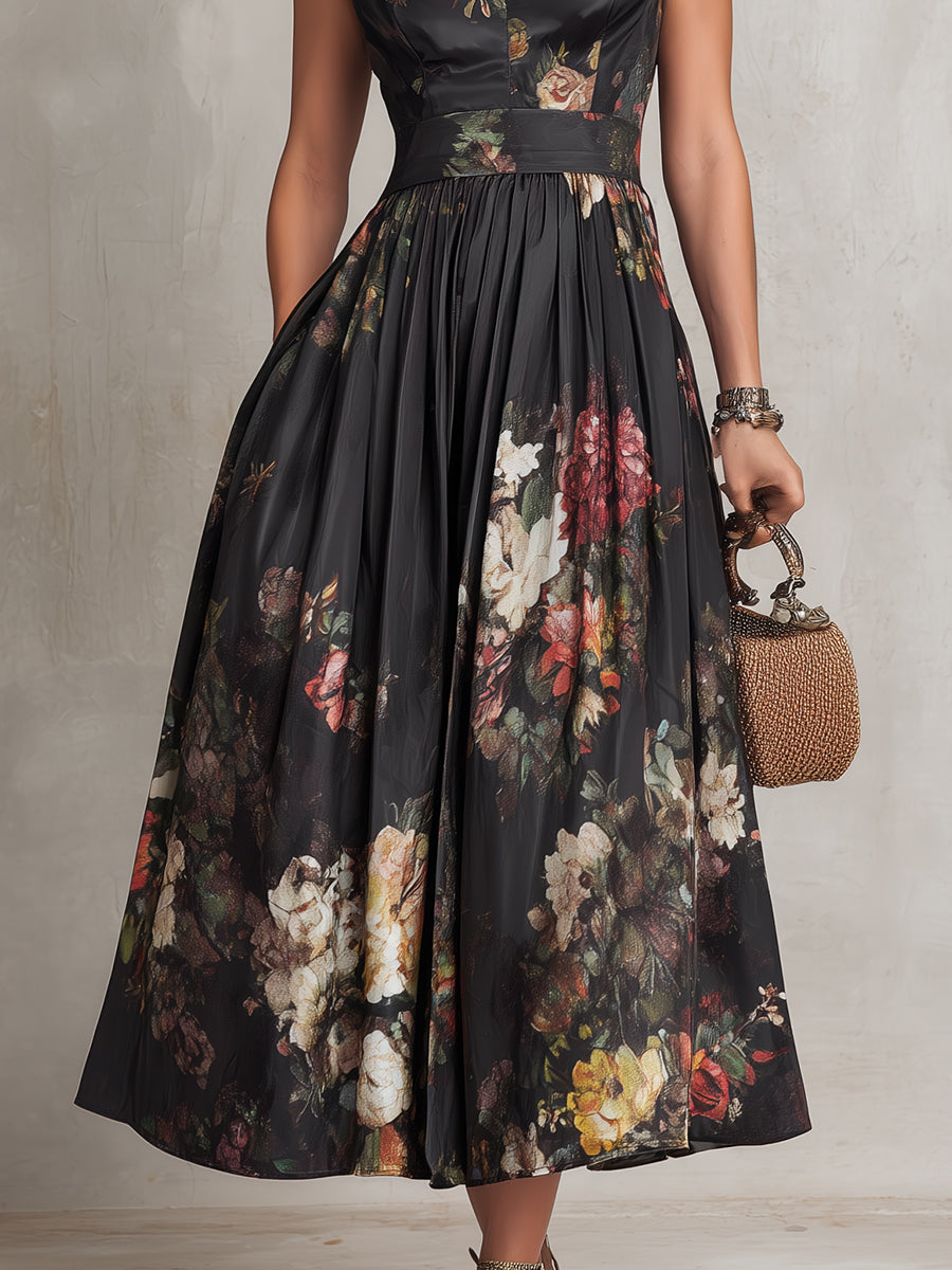 Robe Midi en Satin Noire à Col Trou de Serrure Floral Plissée