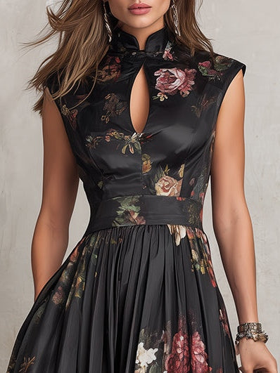 Robe Midi en Satin Noire à Col Trou de Serrure Floral Plissée