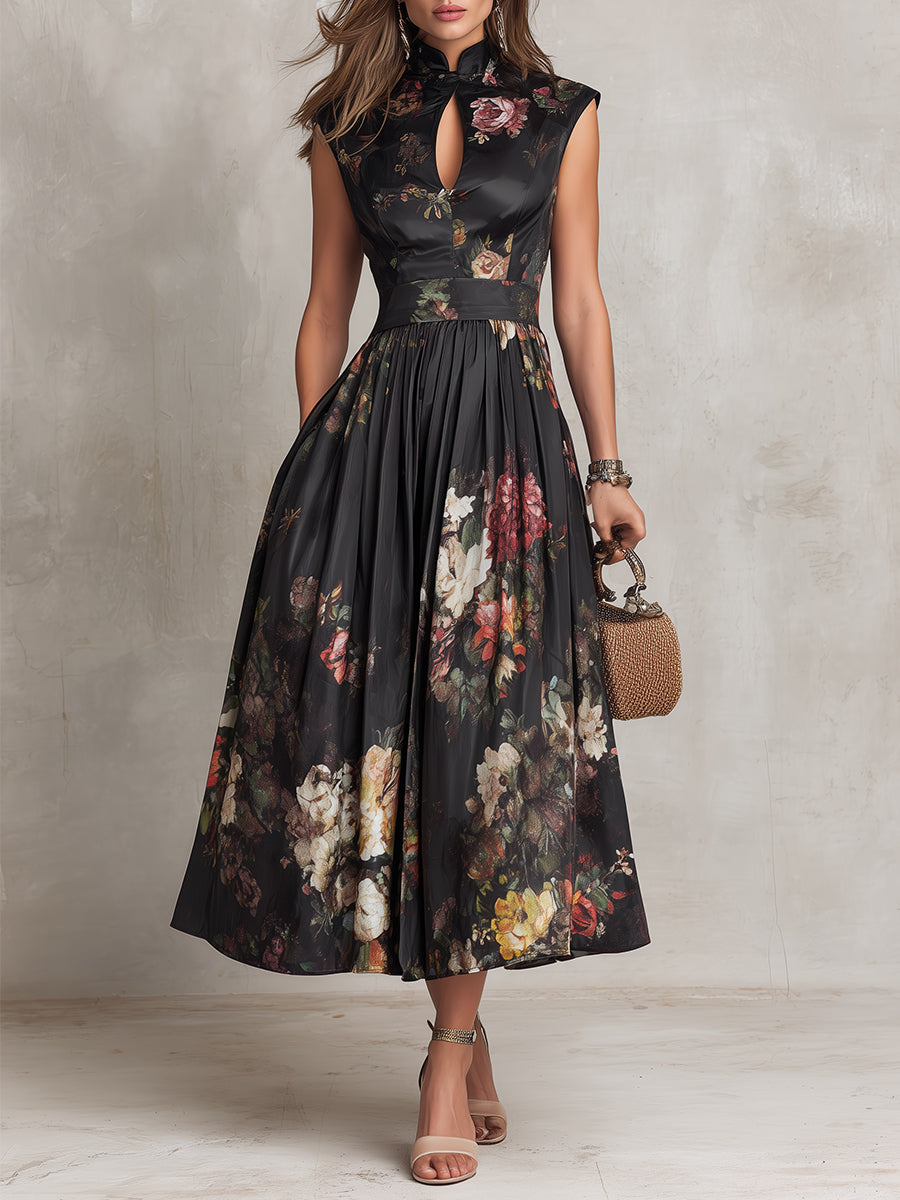 Robe Midi en Satin Noire à Col Trou de Serrure Floral Plissée