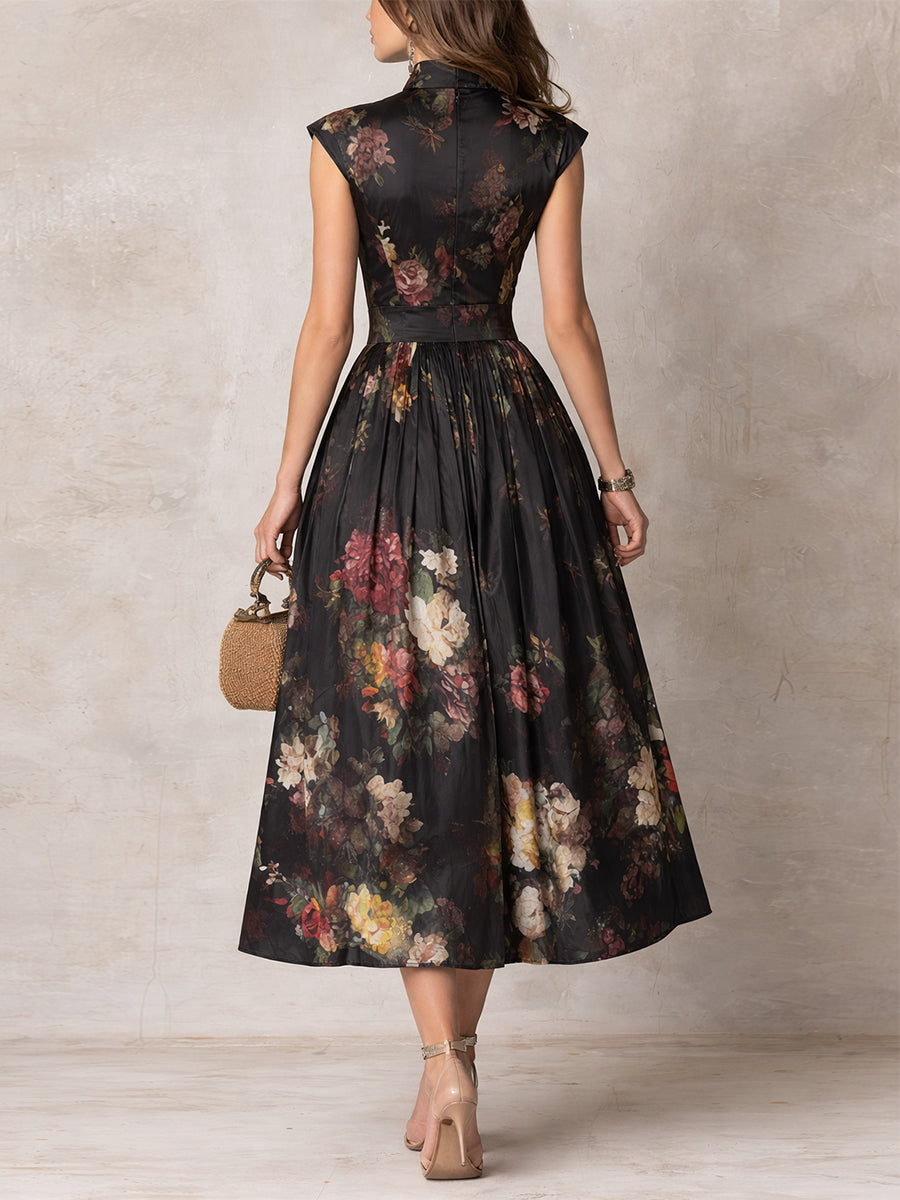 Robe Midi en Satin Noire à Col Trou de Serrure Floral Plissée