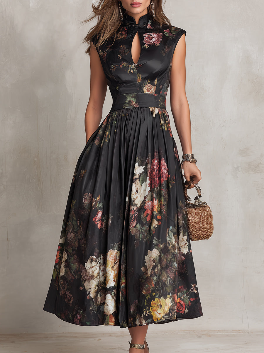 Robe Midi en Satin Noire à Col Trou de Serrure Floral Plissée