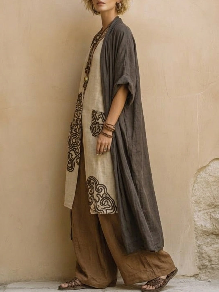 Ensemble Trois Pièces à Motif Tribal Bohème Nomade Gris Foncé et Marron