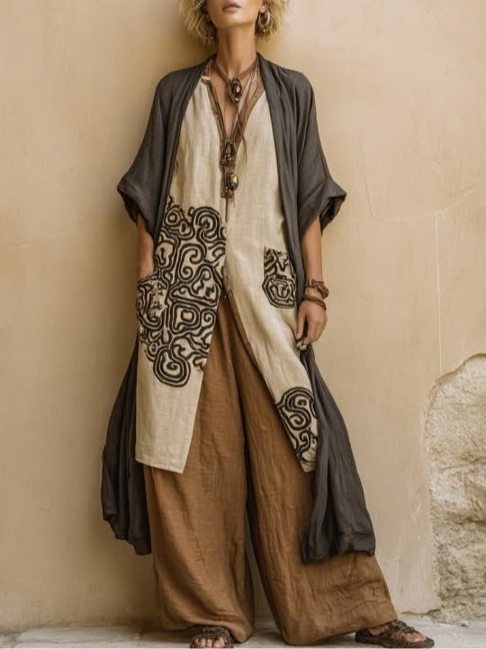 Ensemble Trois Pièces à Motif Tribal Bohème Nomade Gris Foncé et Marron