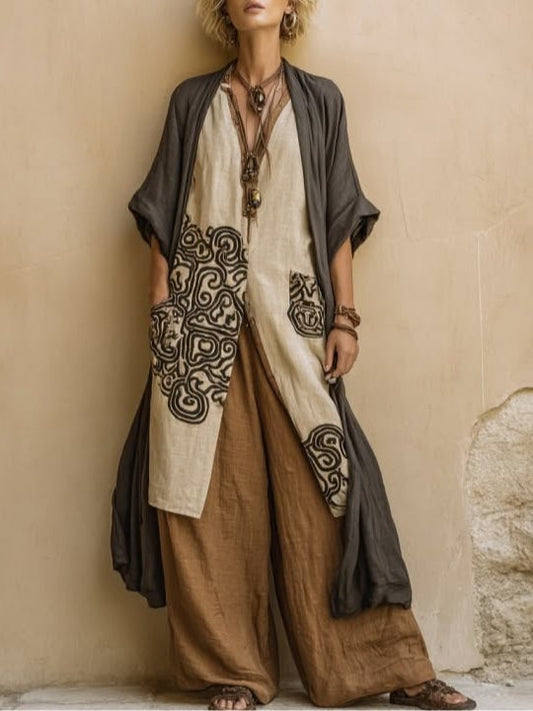 Ensemble Trois Pièces à Motif Tribal Bohème Nomade Gris Foncé et Marron